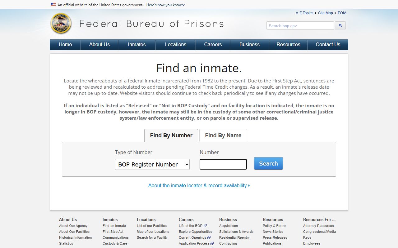 Pope County federal inmate population fallback through BOP locator