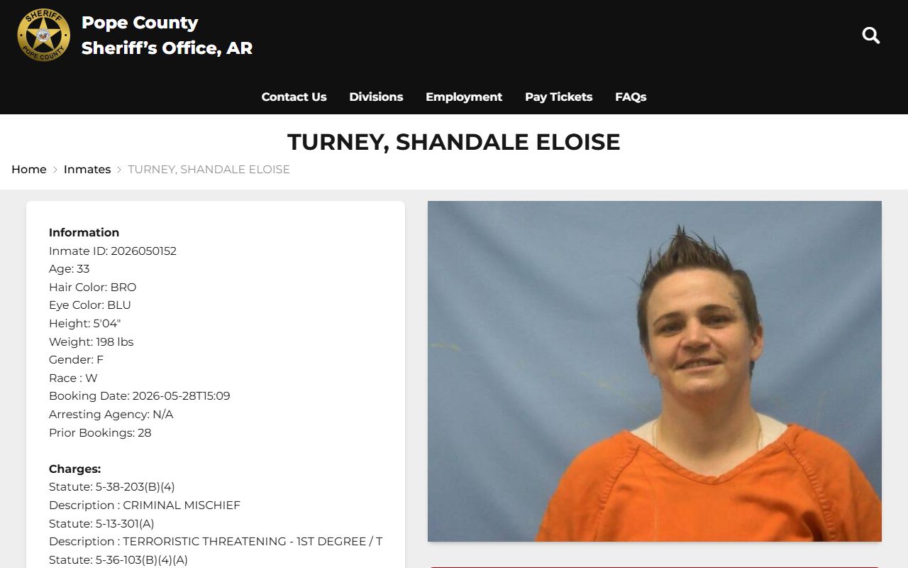 Pope County inmate population profile fields and booking photo